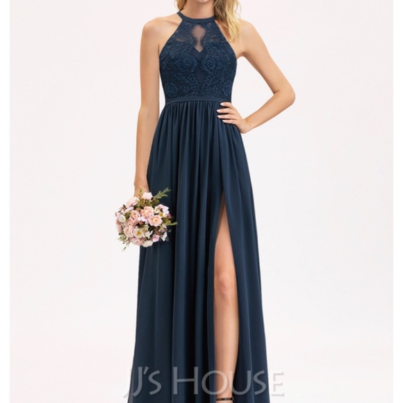 JJs House Dresses & Skirts - A-Line Scoop Neck Floor-Length Chiffon Lace Bridesmaid Dress  Split Front 206484